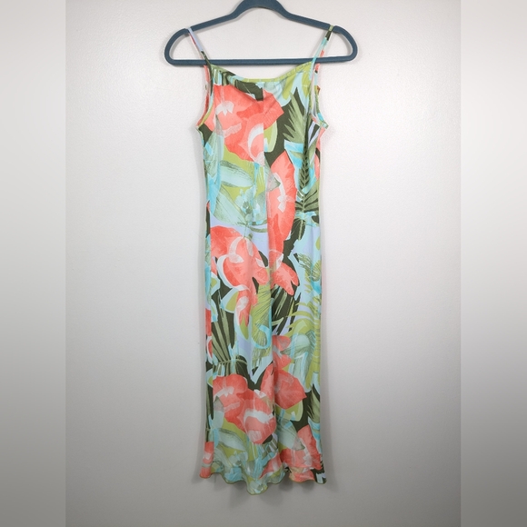 Vintage Jessica Ash Tropical Midi Dress Ruffle Neck Size Small Made in USA - Picture 11 of 15